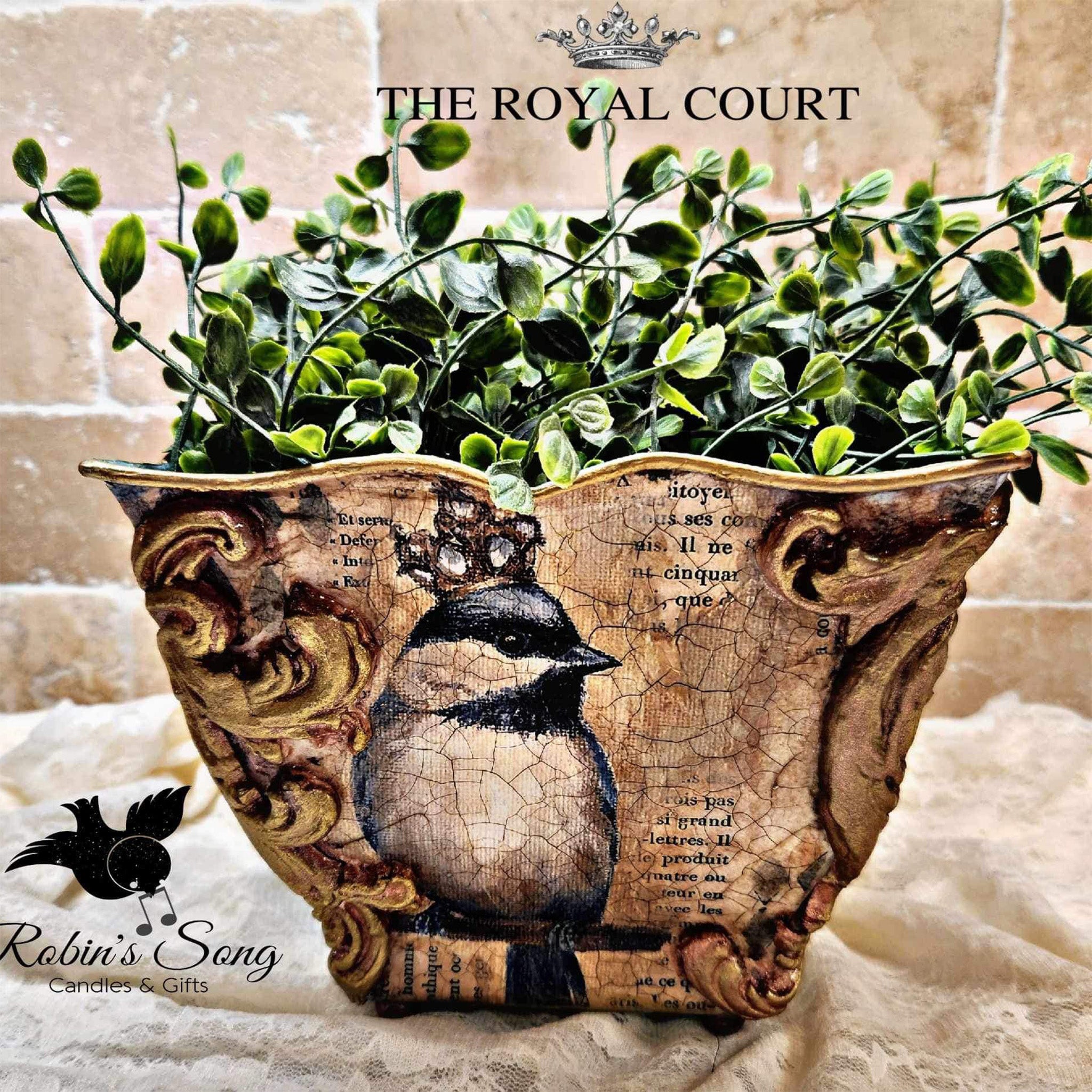 A 4 sided planter refurbished by Robin's Song Candles & Gifts features 1 of Decoupage Queen's The Four Birds rice paper designs on it. 