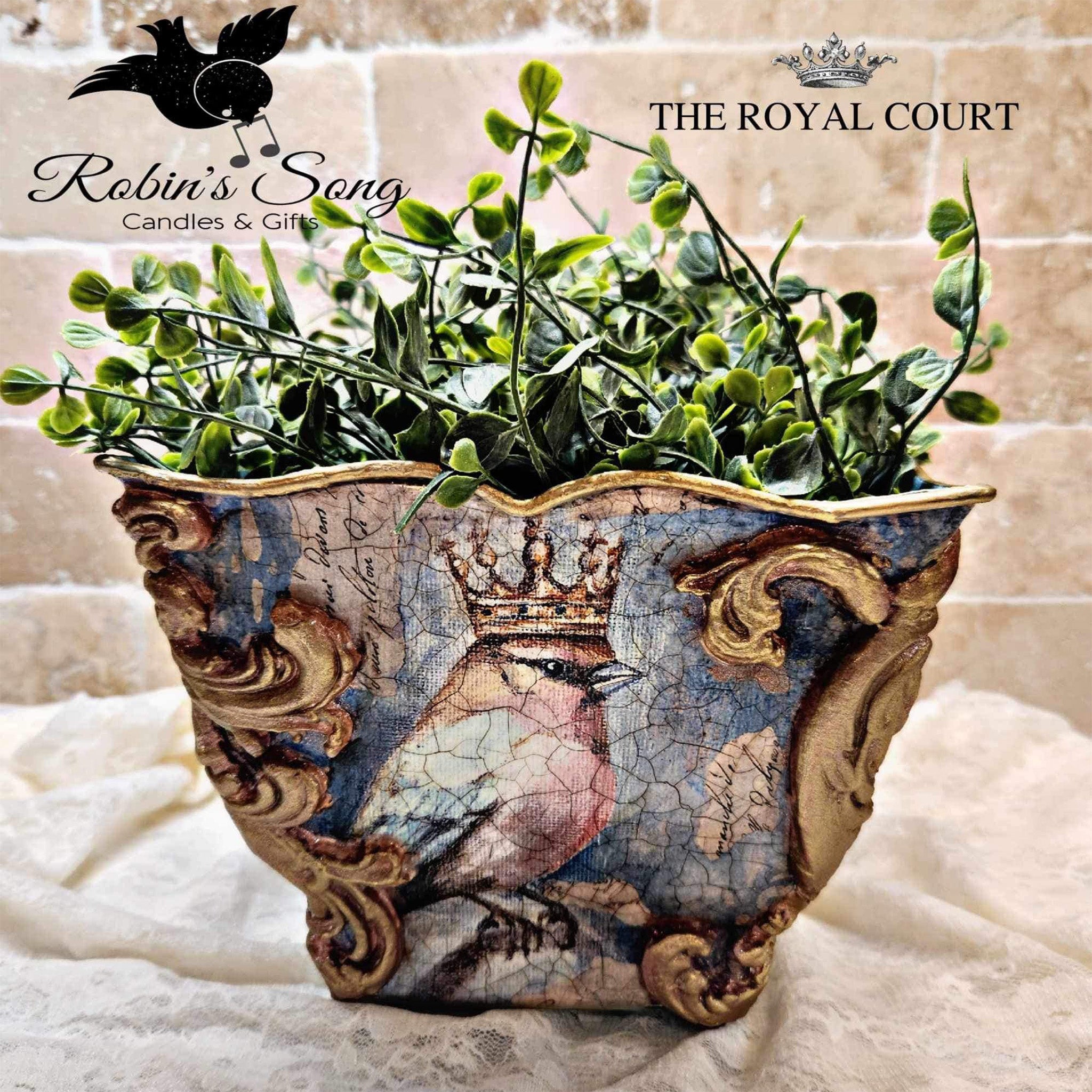 A 4 sided planter refurbished by Robin's Song Candles & Gifts features 1 of Decoupage Queen's The Four Birds rice paper designs on it. 