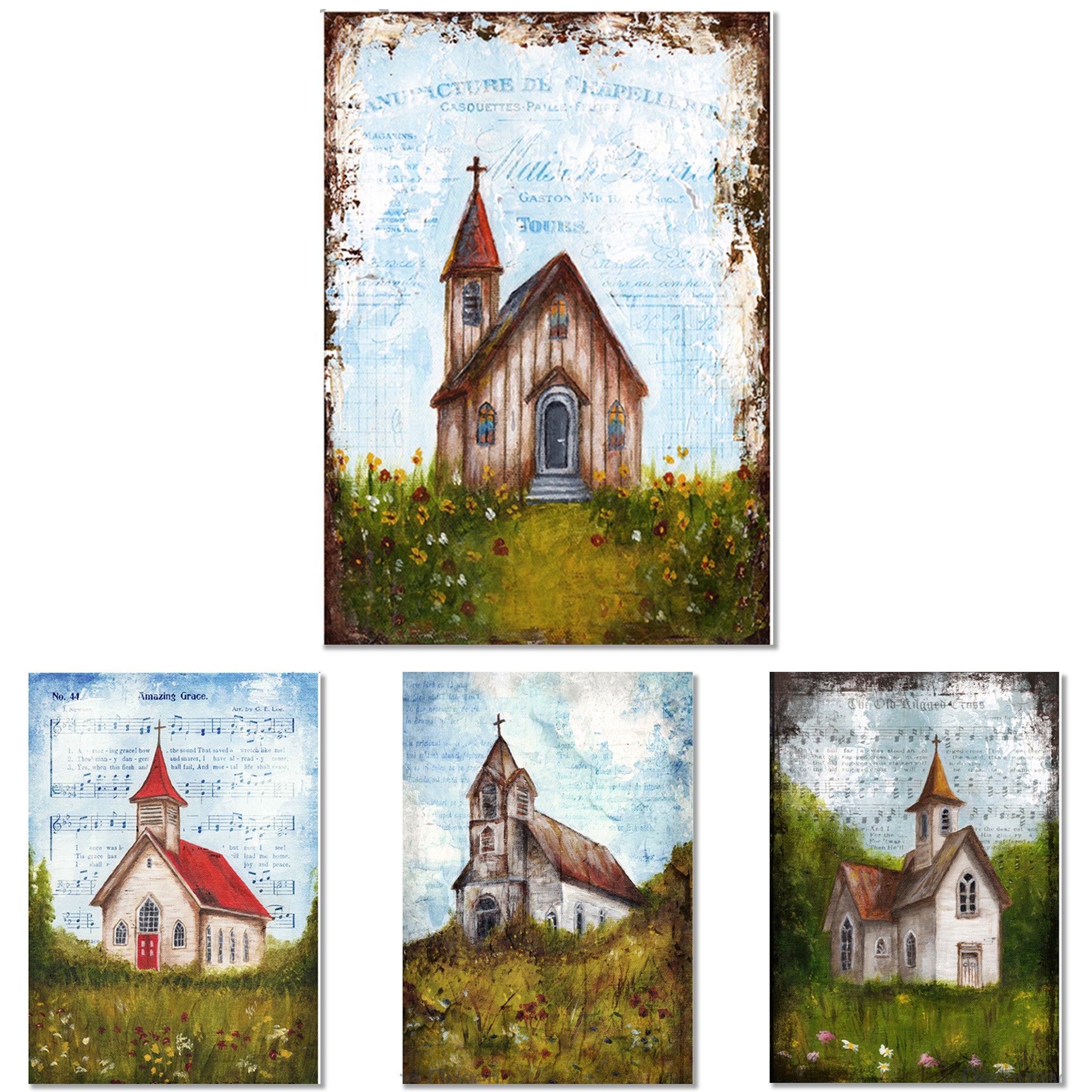 Rice papers against a white background feature 4 scenes of quaint churches in grassy fields overlaid with sheet music. 