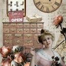 Close-up of a rice paper featuring a unique collage of vintage furniture, roses, and a Victorian woman all against a vintage invoice ledger background. 