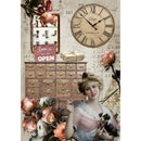 Rice paper featuring a unique collage of vintage furniture, roses, and a Victorian woman all against a vintage invoice ledger background. White borders are on the sides.
