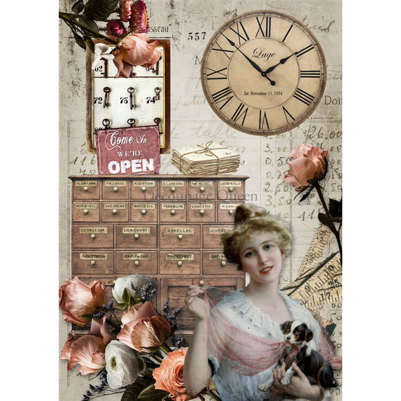 Rice paper featuring a unique collage of vintage furniture, roses, and a Victorian woman all against a vintage invoice ledger background. White borders are on the sides.