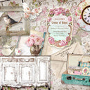 Close-up of a rice paper that features a collage of a vintage buffet table, clock, suitcase, letters, notebooks, and a bird in a wood frame are against a light floral background.