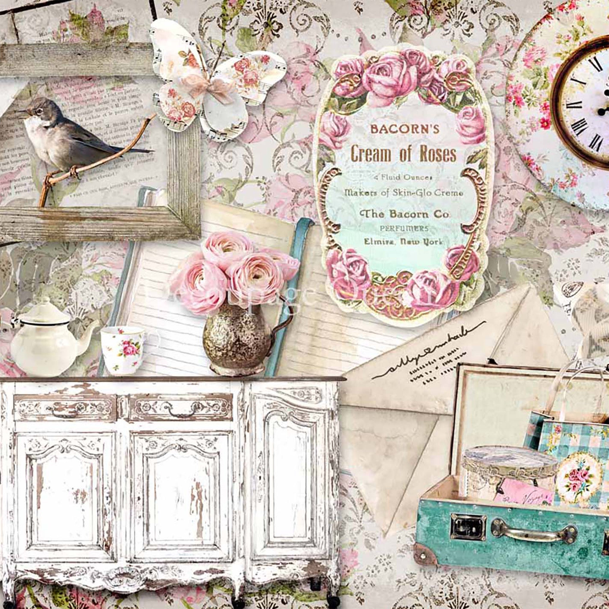 Close-up of a rice paper that features a collage of a vintage buffet table, clock, suitcase, letters, notebooks, and a bird in a wood frame are against a light floral background.