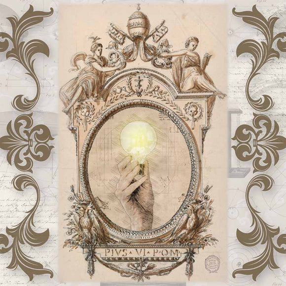 Close-up of a rice paper featuring a hand holding a lightbulb inside of an ornate vintage frame between vintage documents with scrolling flourishes.