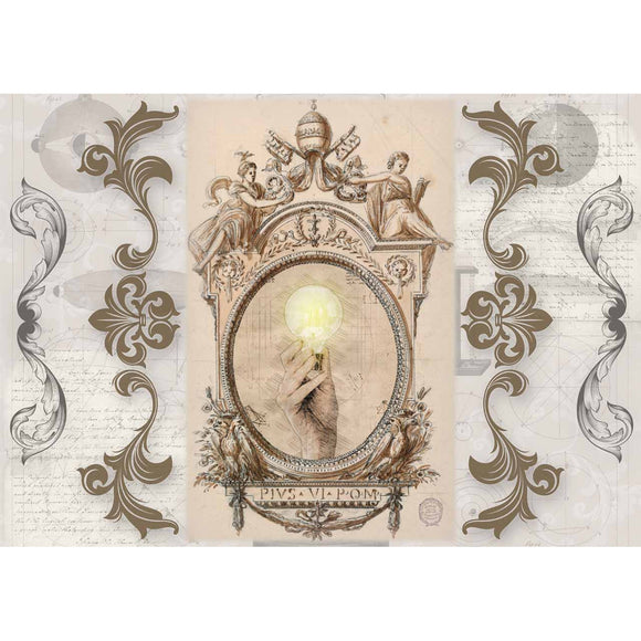 Rice paper featuring a hand holding a lightbulb inside of an ornate vintage frame between vintage documents with scrolling flourishes. White borders are on the top and bottom.