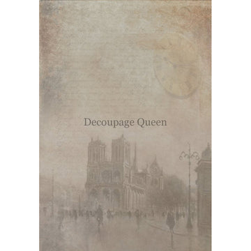 Rice paper featuring a hazy Paris street scene against a vintage document. White borders are on the sides.