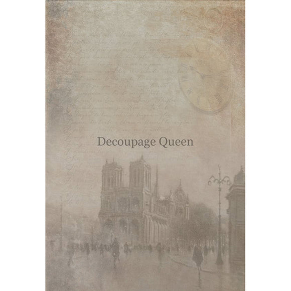 Rice paper featuring a hazy Paris street scene against a vintage document. White borders are on the sides.
