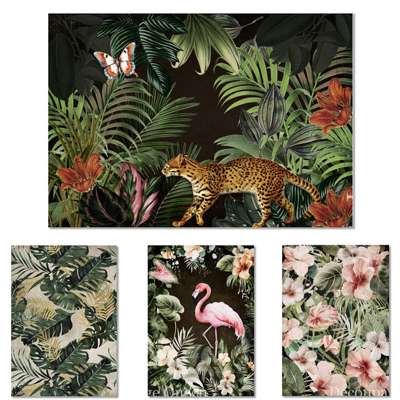 Four rice papers against a white background feature vibrant designs of hibiscus flowers, tropical greenery, flamingos, and a wild cat. 