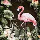 Close-up of a rice paper featuring a bright pink flamingo surrounded by lush monstera leaves and vibrant flowers on a black background.
