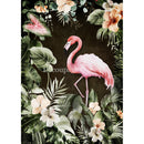 Rice paper featuring a bright pink flamingo surrounded by lush monstera leaves and vibrant flowers on a black background. White borders are on the sides.
