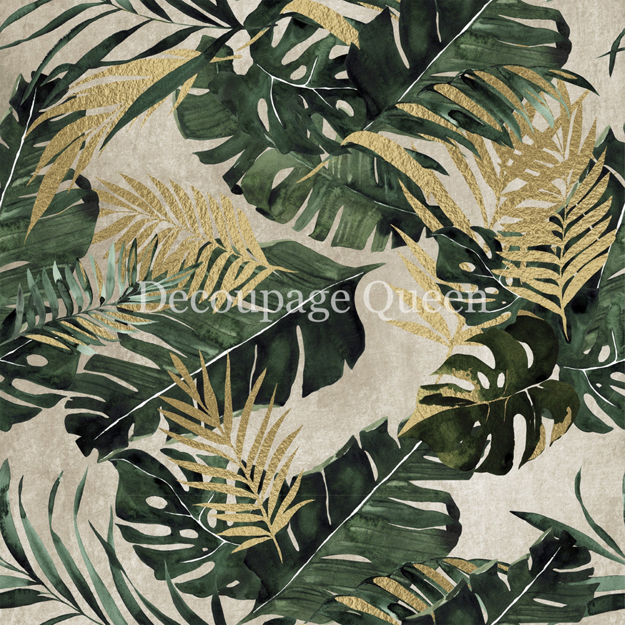 Close-up of a rice paper featuring large, vibrant green and gold palm fronds and monstera leaves against a soft grey background.