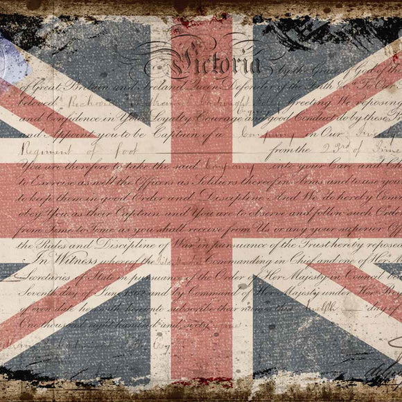 Close-up of a rice paper featuring the Union Jack flag on top of an old document.