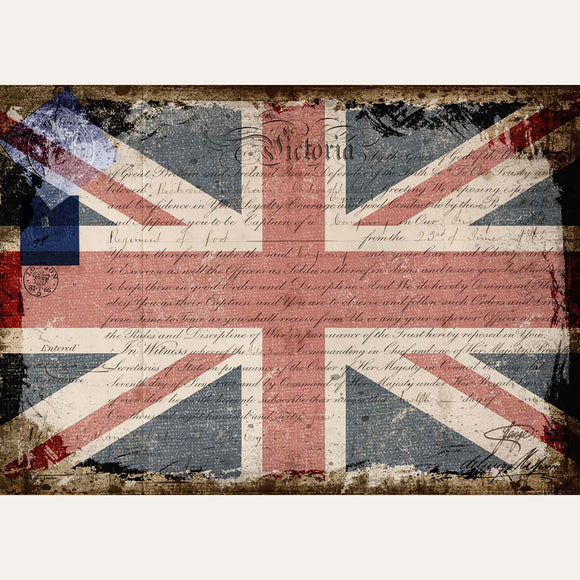Rice paper featuring the Union Jack flag on top of an old document. White borders are on the top and bottom.