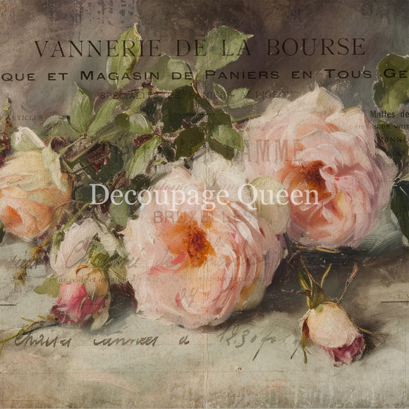 Close-up of a rice paper that features a romantic design of pink roses with French print and script writing.