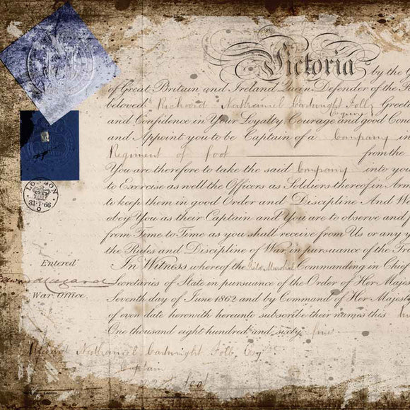 Close-up of a rice paper featuring a royal vintage document addressed to Queen Victoria.