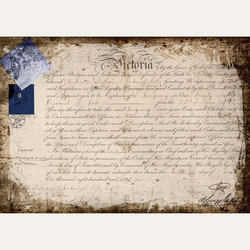 Rice paper featuring a royal vintage document addressed to Queen Victoria. White borders are on the top and bottom.