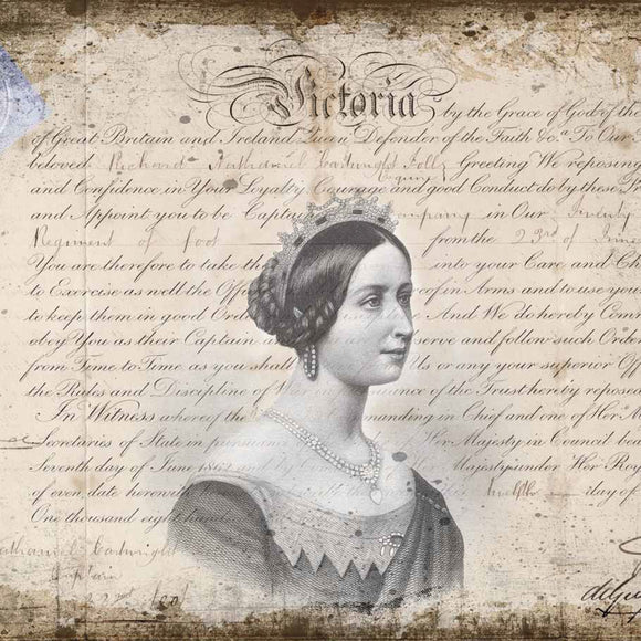 Close-up of a rice paper featuring a black and white portrait of Queen Victoria overlaying a document with elegant script.