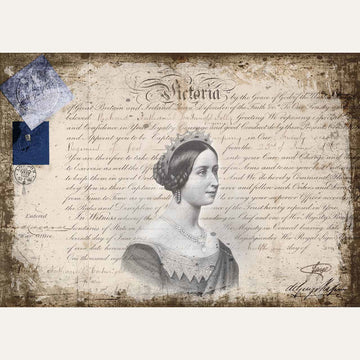 Rice paper featuring a black and white portrait of Queen Victoria overlaying a document with elegant script. White borders are on the top and bottom.