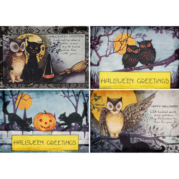 Rice paper design that features 4 unique designs with playful cats and owls surrounded by Halloween sentiments and sayings. White borders are on the top and bottom.
