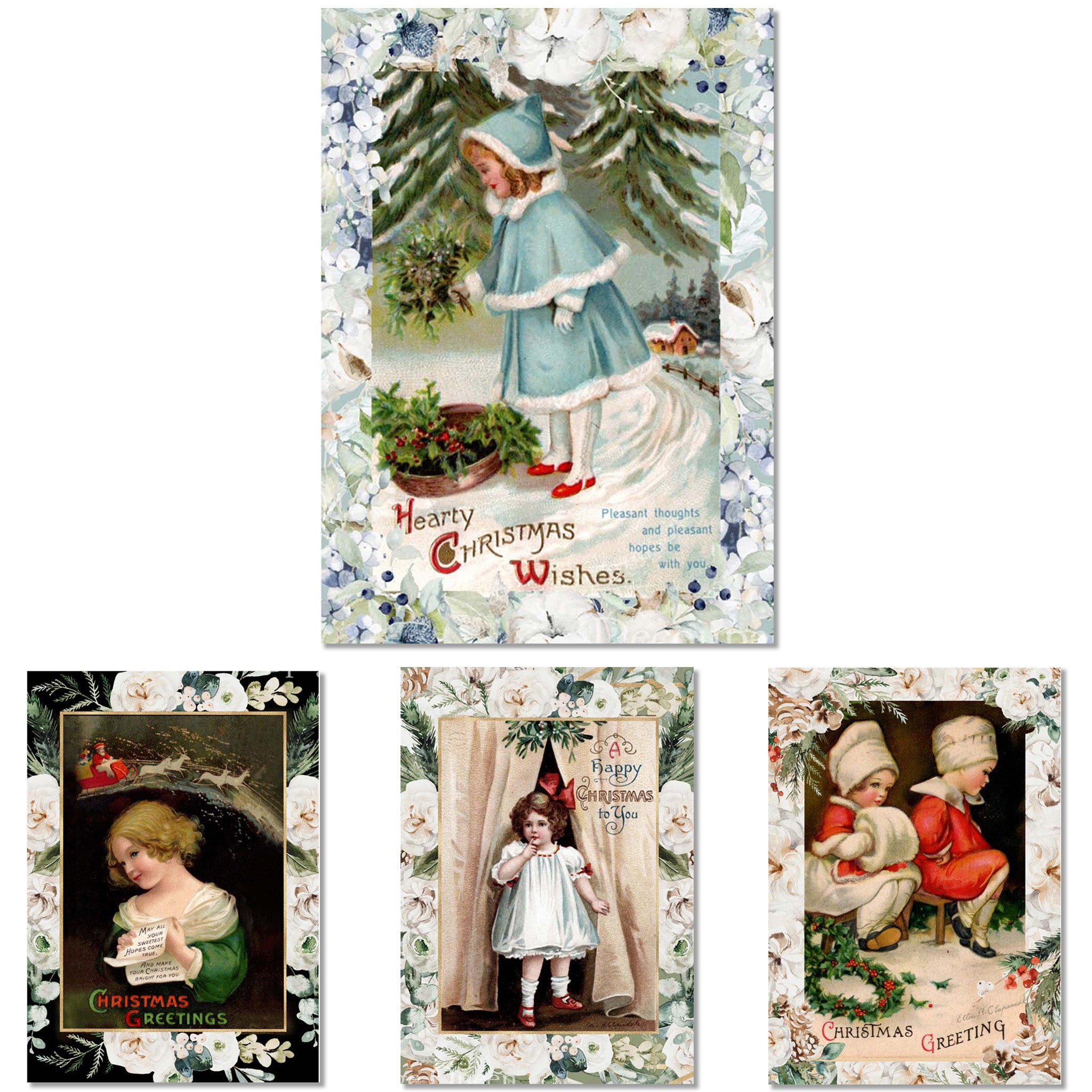 Rice papers against a white background feature 4 beautiful designs of vintage little girls in festive winter scenes.