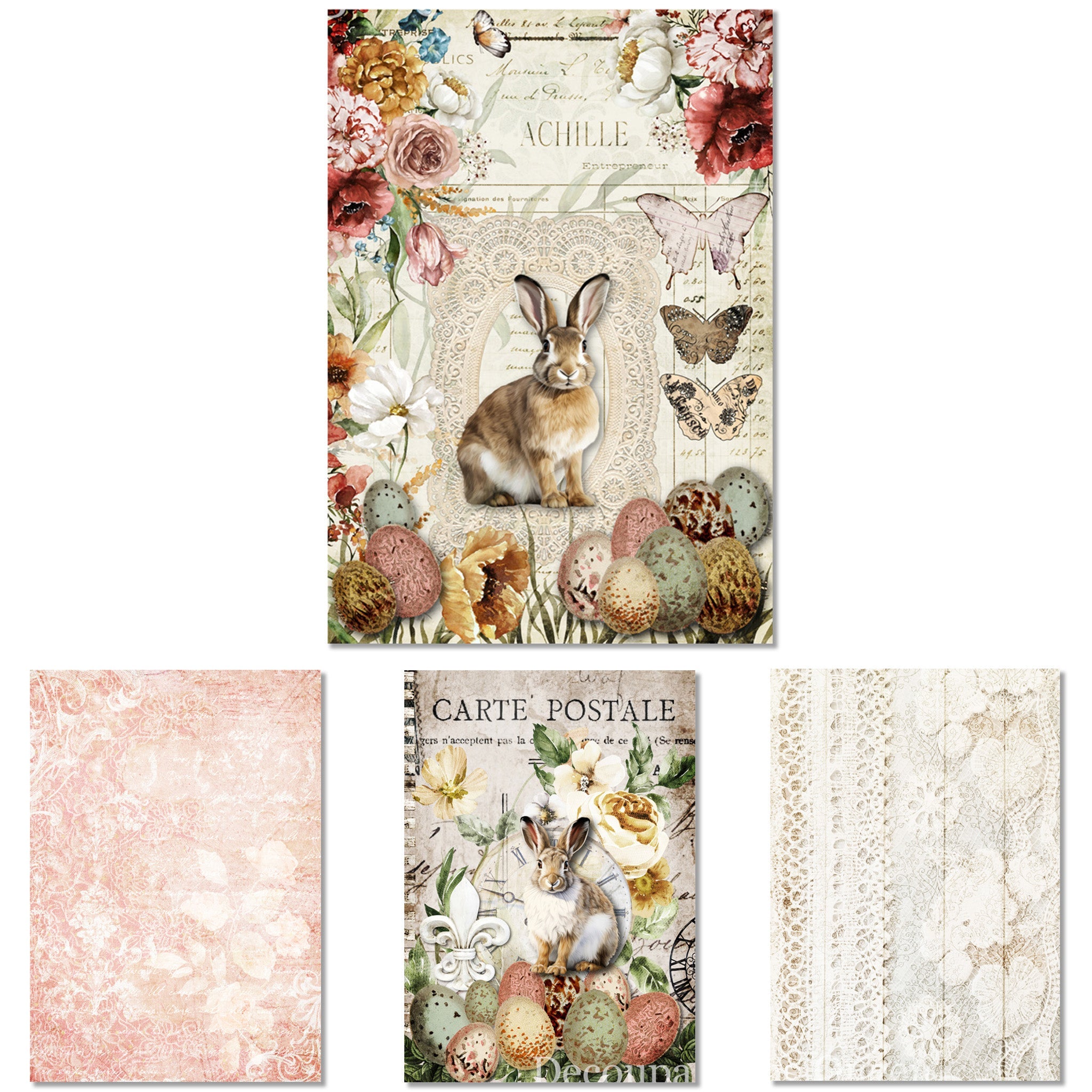 Four rice papers against a white background feature charming designs, including delicate lace patterns and whimsical Easter scenes with rabbits, butterflies, and eggs.