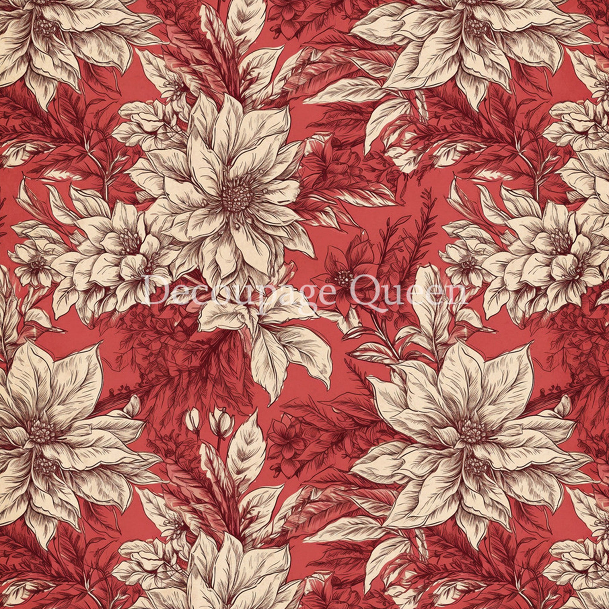 Close-up of a rice paper design featuring vintage colored cream colored poinsettias against a red foliage background.