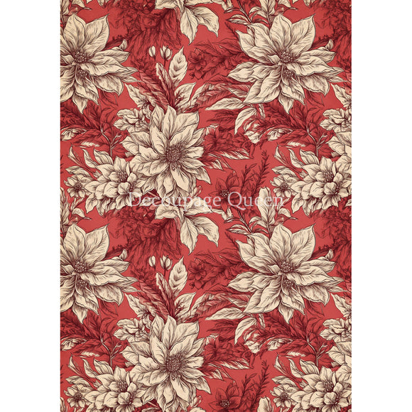 Rice paper design featuring vintage colored cream colored poinsettias against a red foliage background. White borders are on the sides.