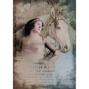 Rice paper featuring a lovely Victorian woman leaning against a white horse, set against a vintage backdrop and adorned with a unique print. White borders are on the sides.