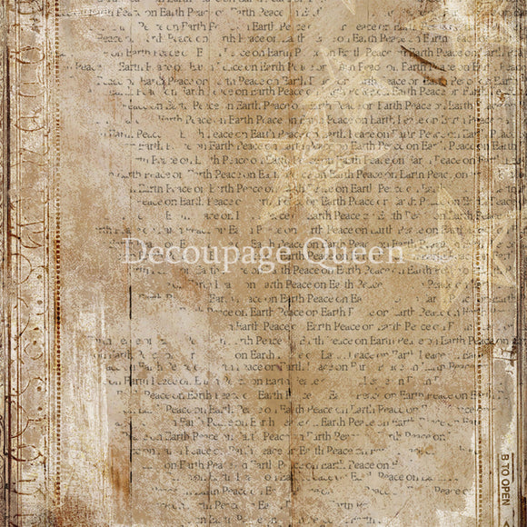 Close-up of a rice paper that features a distressed document with subtle stars.