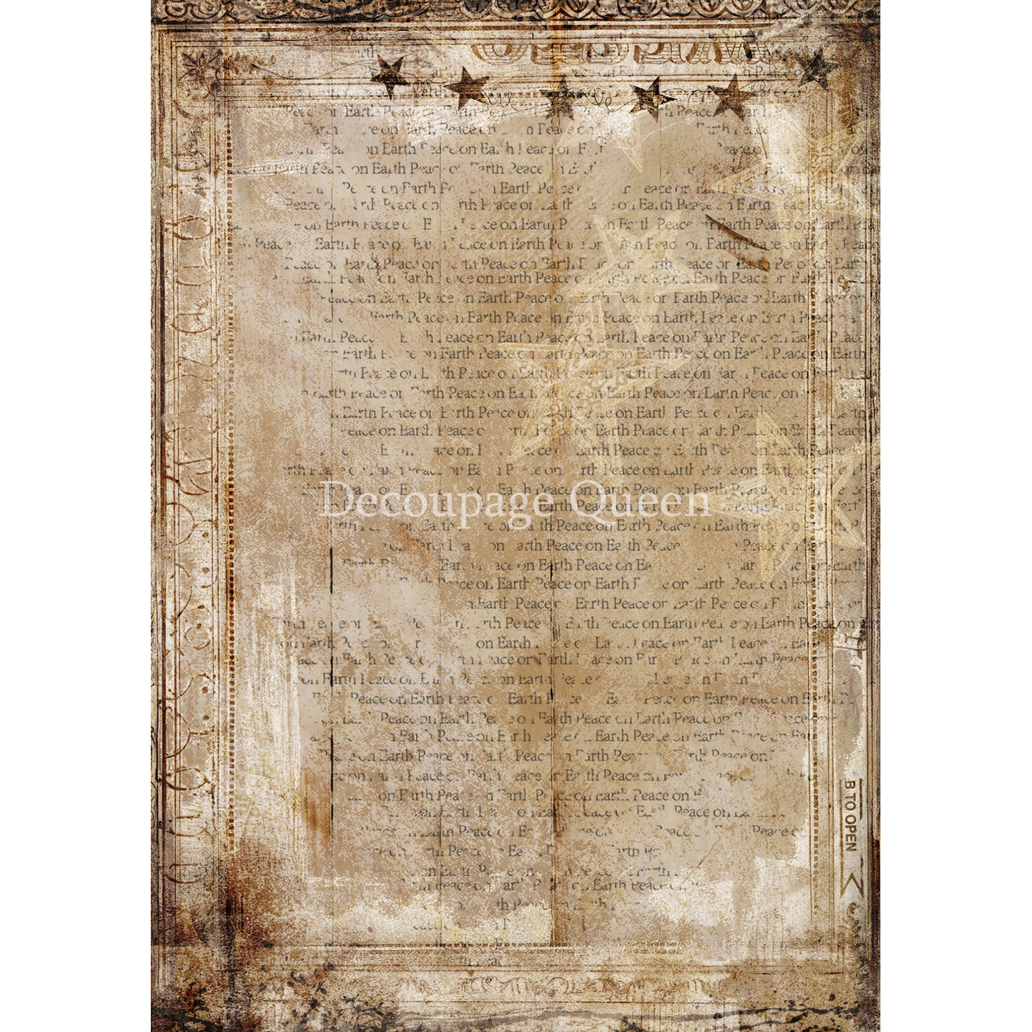 Rice paper that features a distressed document depicting the Christmas story, complete with subtle stars. White borders are on the sides.