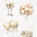 Close-up of a rice paper design that features gold toned images of champagne flutes, a bow, and bouquets of heart balloons and flowers against a white flourish script background.