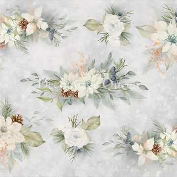 Close-up of a rice paper featuring small clusters of white flowers and greenery against an icy gray background.