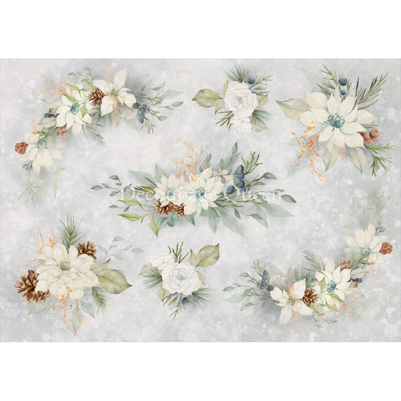 Rice paper featuring small clusters of white flowers and greenery against an icy gray background.