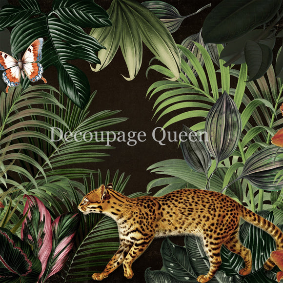 Close-up of a rice paper featuring lush jungle plants, a fluttering butterfly, and a fierce spotted wild cat on a bold black background. 