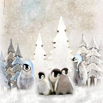 Close-up of a rice paper featuring playful baby penguins with wood cut-out trees and icicles. 