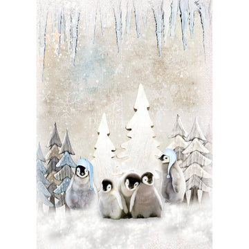 Rice paper featuring playful baby penguins with wood cut-out trees and icicles. 
