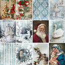 Close-up of a rice paper featuring 16 vintage winter and Christmas scenes with Santa, swans, ballerinas, and Mary with baby Jesus.