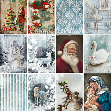 Close-up of a rice paper featuring 16 vintage winter and Christmas scenes with Santa, swans, ballerinas, and Mary with baby Jesus.