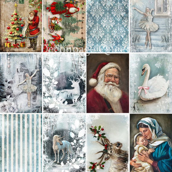 Close-up of a rice paper featuring 16 vintage winter and Christmas scenes with Santa, swans, ballerinas, and Mary with baby Jesus.