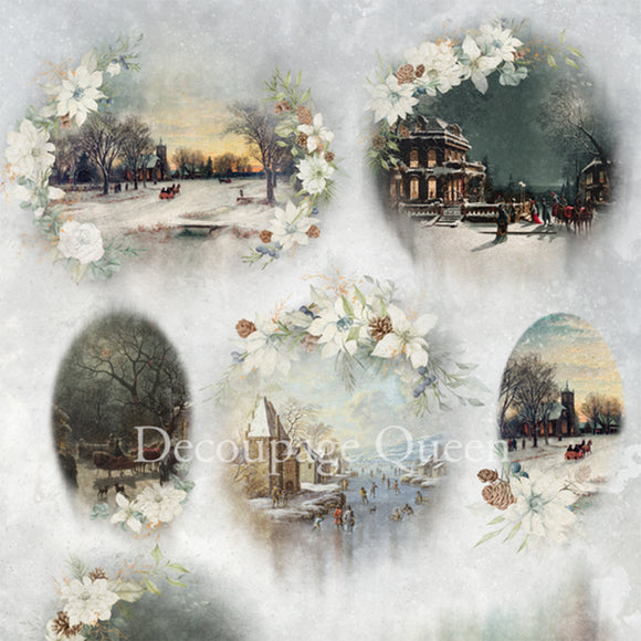 Close-up of a rice paper featuring 7 snowy winter scenes framed by delicate white flowers.