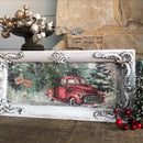 A rectangular decor tray created by Nancy Watson is painted light grey and features Decoupage Queen's Winter Traditions rice paper on it. 