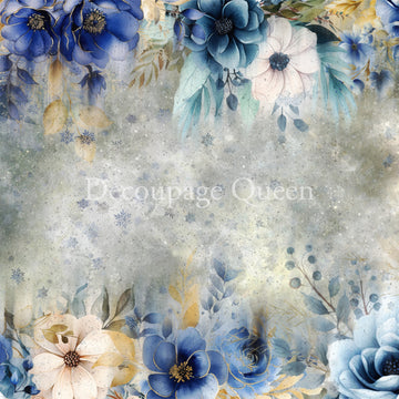 Close-up of a rice paper featuring wintery blue and white flowers against a mottled backdrop with tiny snowflakes.