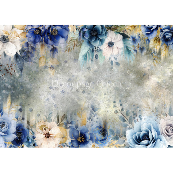 Rice paper featuring wintery blue and white flowers against a mottled backdrop with tiny snowflakes.