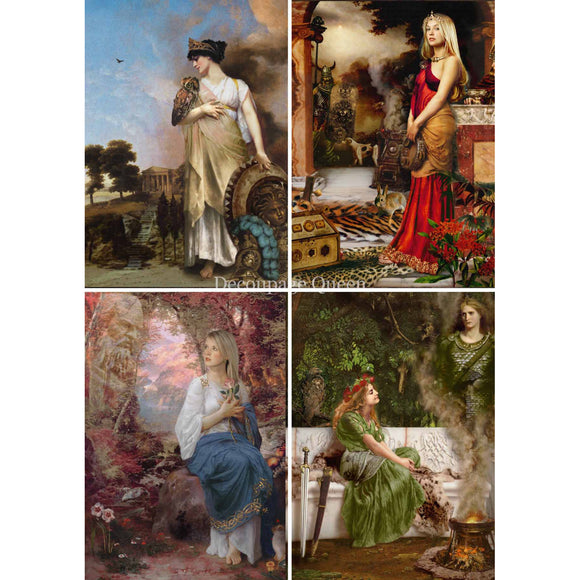 Rice paper featuring 4 scenes of powerful and captivating women from mythology.