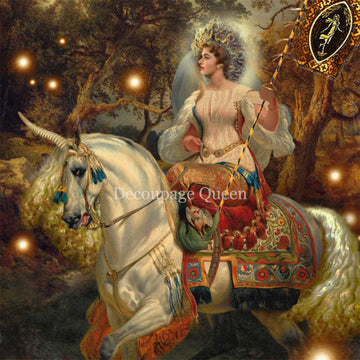 Close-up of a rice paper featuring the queen of fairies and her trusty white unicorn, frolicking in a forest.