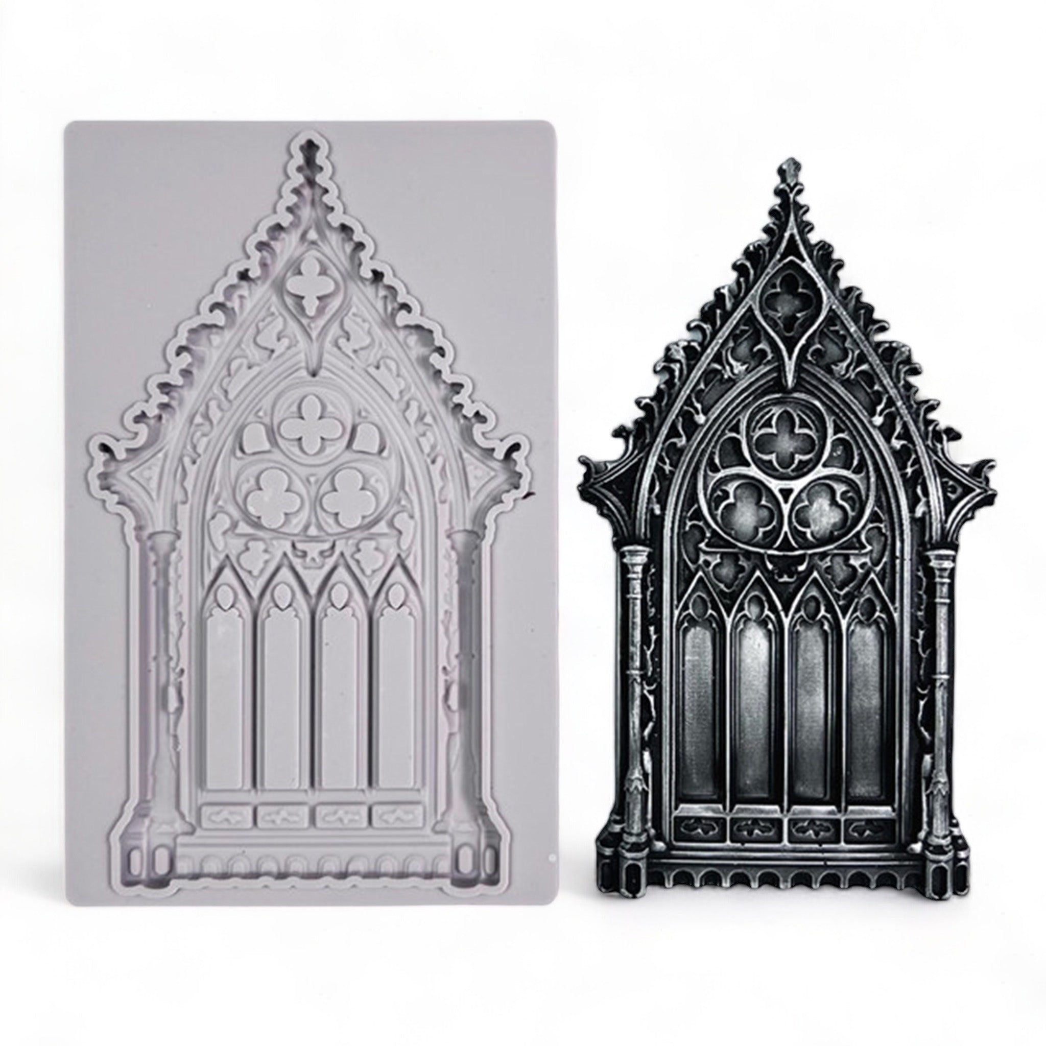 A grey silicone mold and silver colored casting of an ornate Gothic window are against a white background.