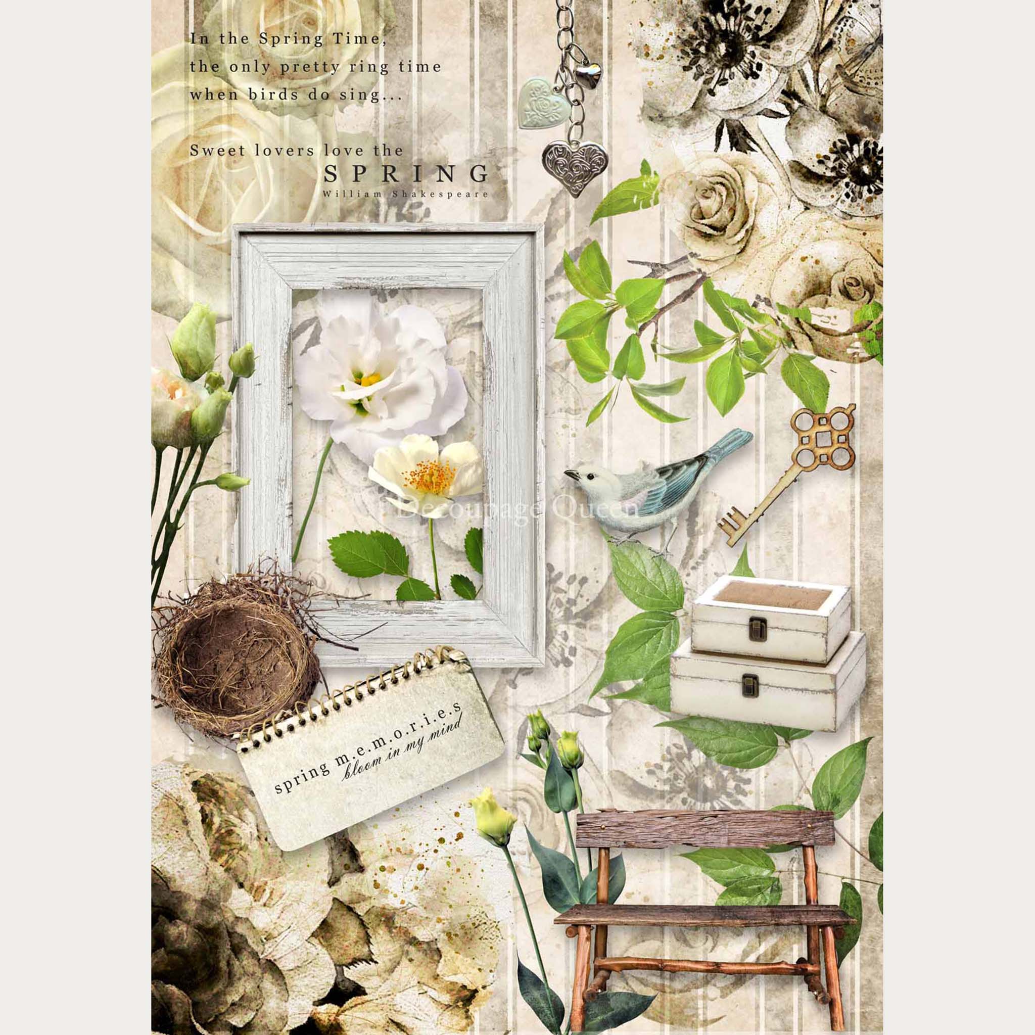 Rice paper design that features a collage of flowers, a blue bird, vintage key, birds nest, and a weathered bench against a light striped background. White borders are on the sides.