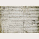 Rice paper design that features French print against a weathered, vintage, striped background. White borders are on the top and bottom.