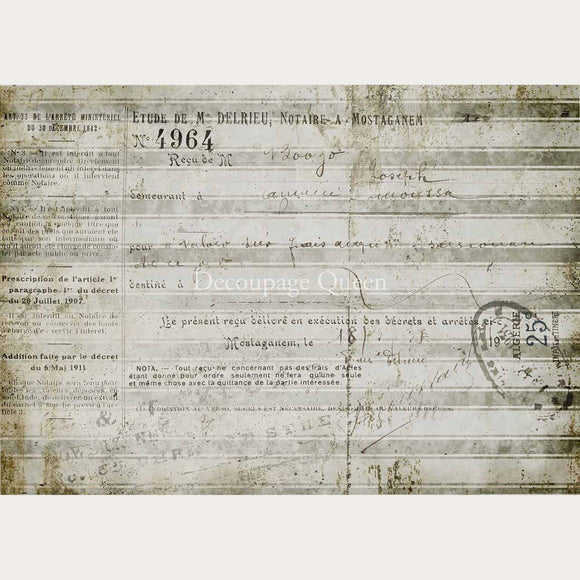 Rice paper design that features French print against a weathered, vintage, striped background. White borders are on the top and bottom.